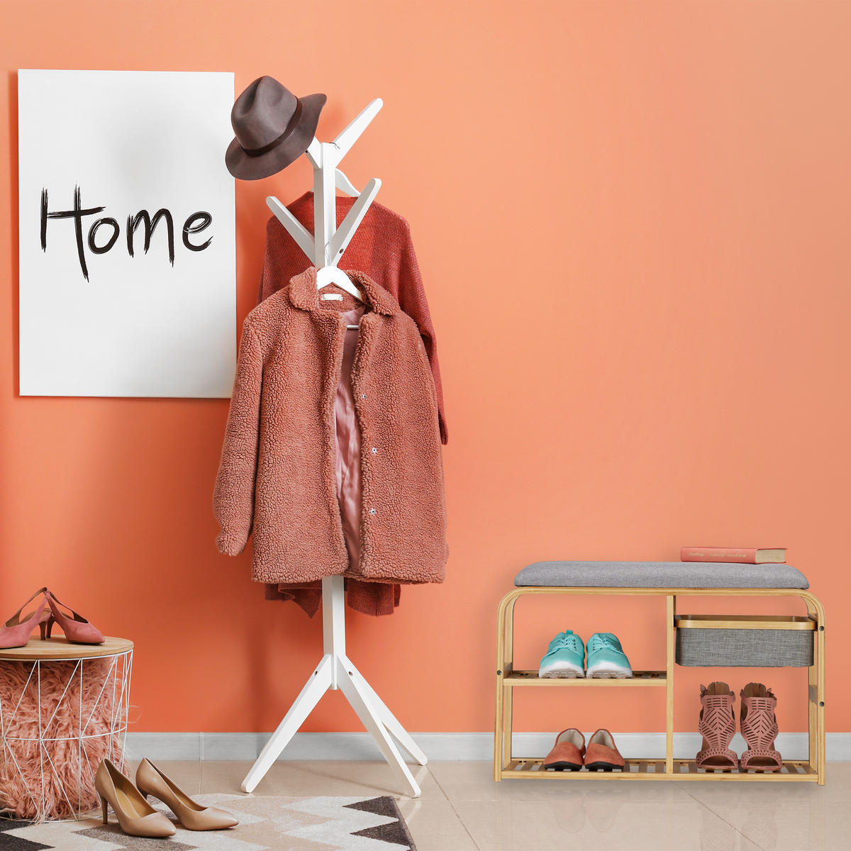 SCHUHBANK - Hellbraun, Holz/Textil (69/45/30cm) - Relaxdays