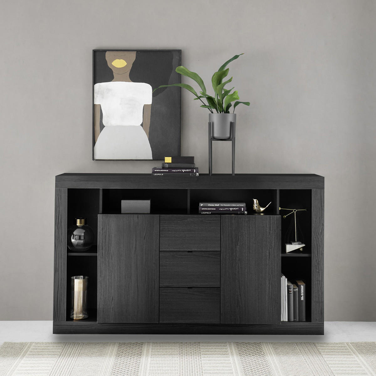 SIDEBOARD mit 2 Türen und 3 Schubladen L172 cm - Rimini - Schwarz, Holzwerkstoff (40/102/172cm) - Calicosy