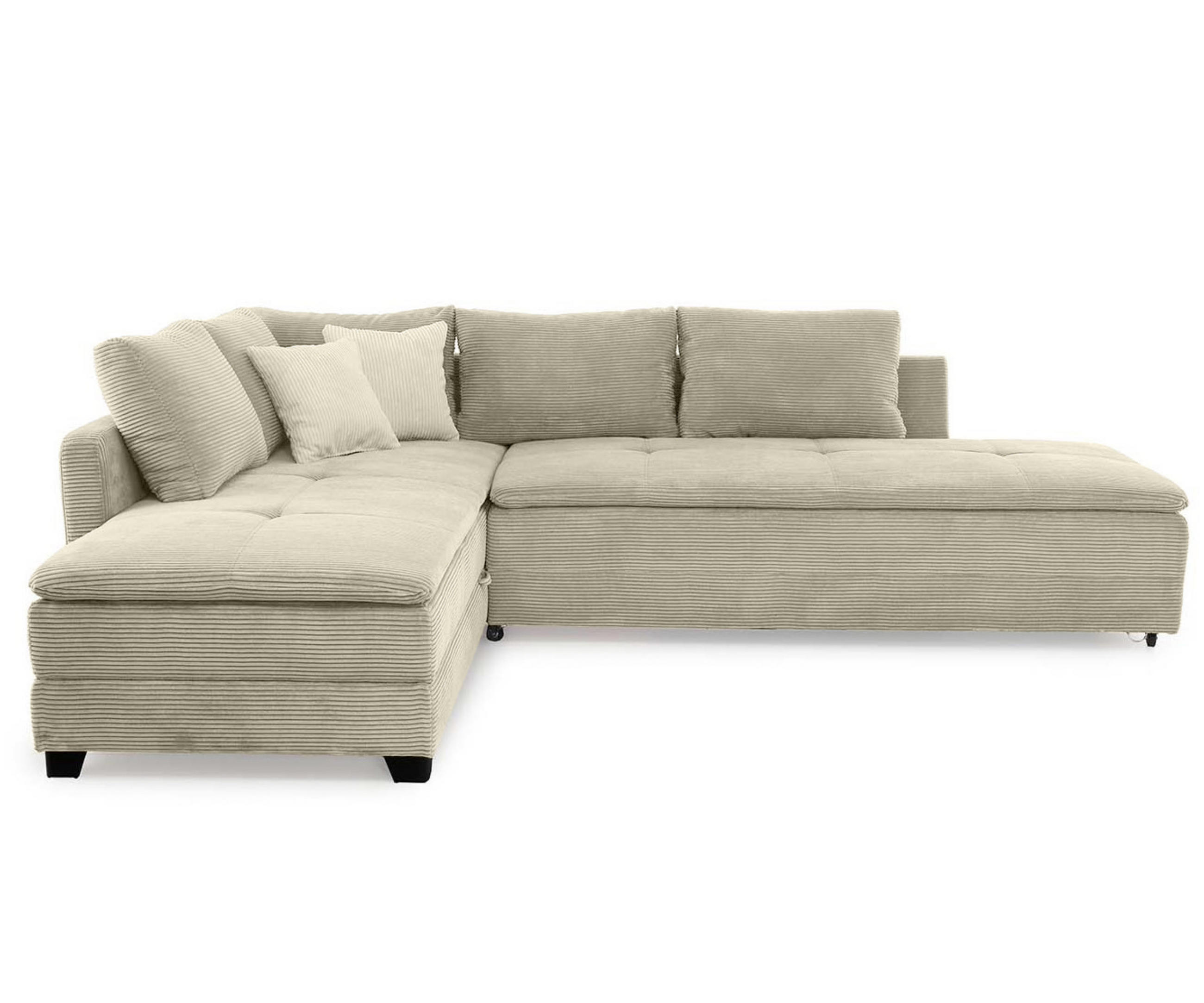ECKSOFA-DAUERSCHLÄFER Doppelbett Boxspring Federkern Topper, seitenverkehrt montierbar 306/223/95 cm, Cord Beige Grau / 15161 - Beige/Schwarz, Kunststoff/Textil (306/223cm) - luma-home