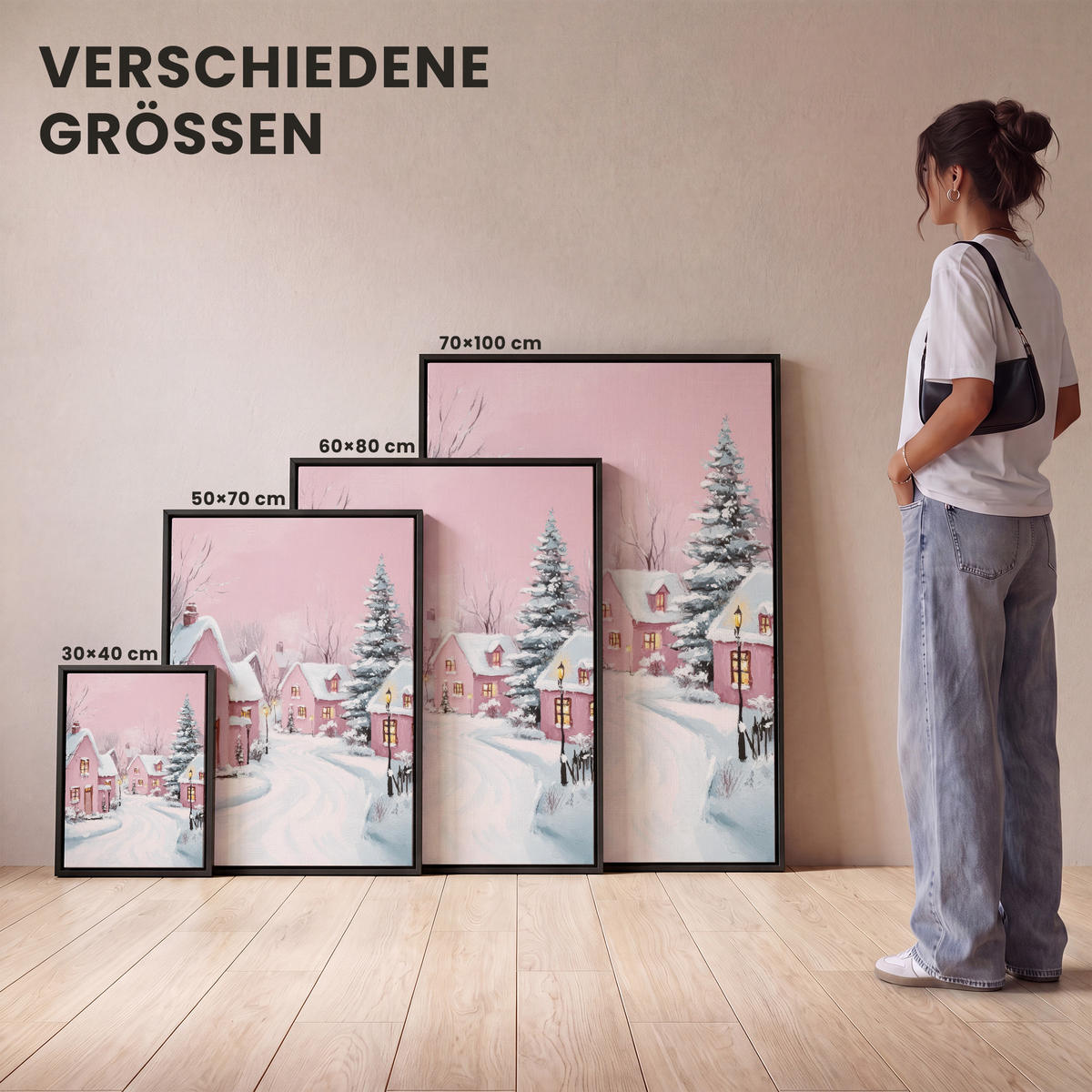 LEINWAND Bilder mit Rahmen - Weihnachtsdorf - Rosa - Winter - Schnee - Häuser - 70x100 - Altrosa, Textil (70/100cm) - MuchoWow