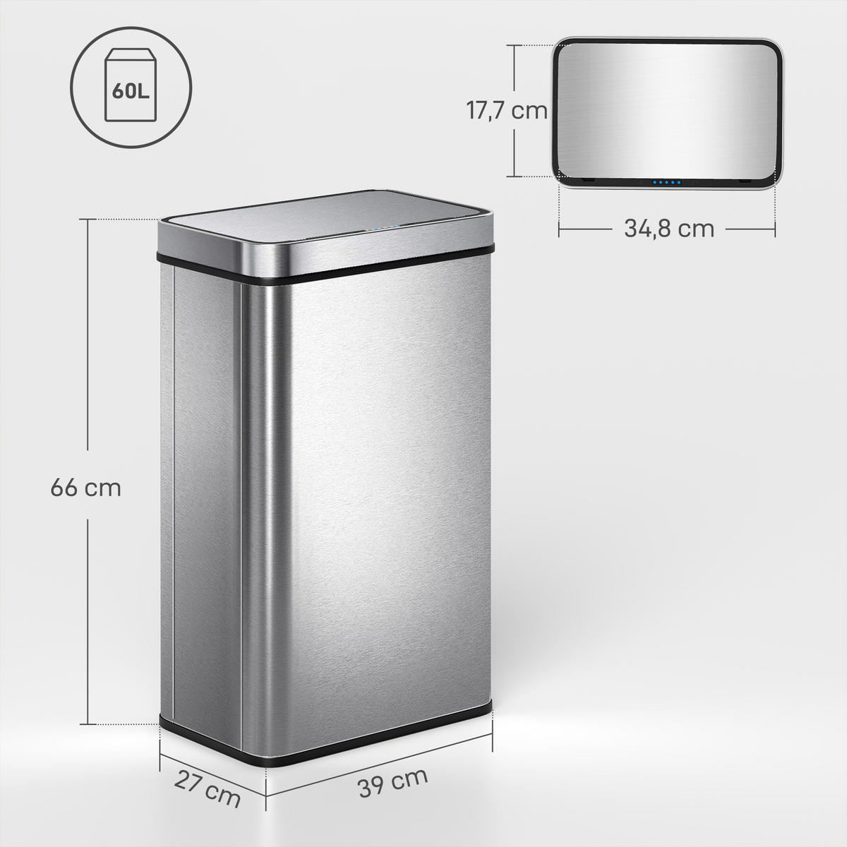 MÜLLEIMER mit Sensor 60L Edelstahl Leiser Automatischer Abfalleimer Silber - Silberfarben, Metall (27/66/39cm) - HOMCOM