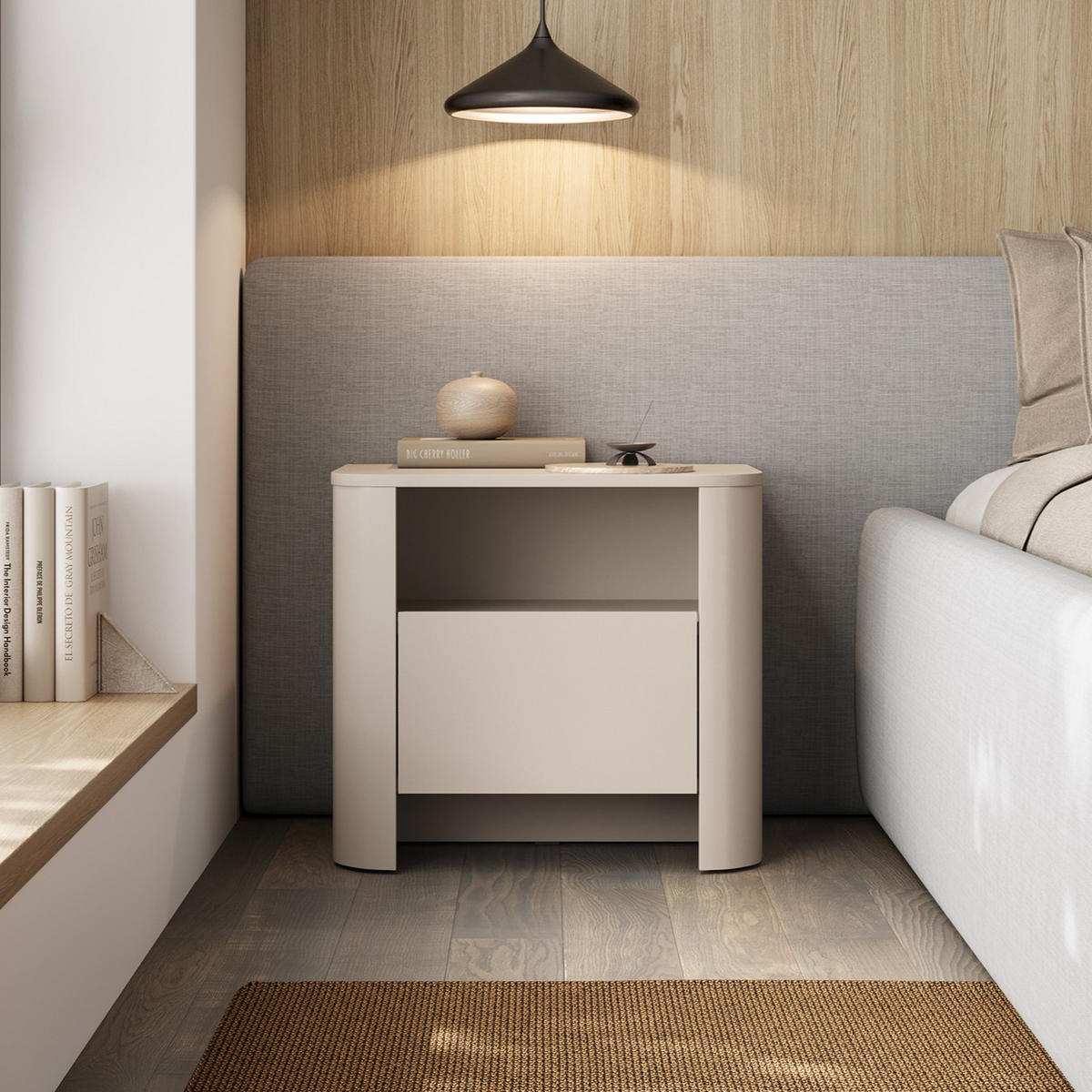 ABGERUNDETER Nachttisch AURA SN1SZ (Eiche Vicenza, Push to Open) - Kaschmir, Holz/Holzwerkstoff (58/52/39cm) - Ravio