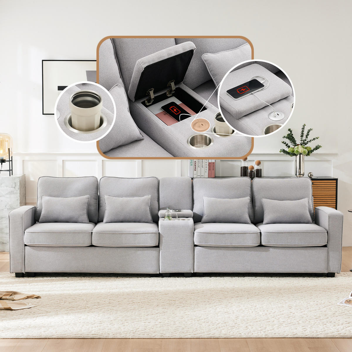 4-SITZER Sofa 290/88/83 cm Grau aus Leinen mit USB-Anschluss und Getränkehaltern - Hellgrau, Textil (83/88/290cm) - OKMYHOME