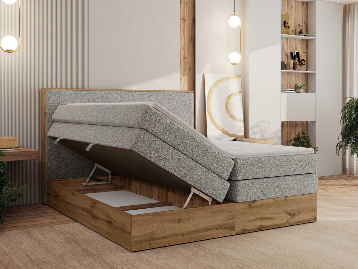 BOXBETT WOOD CLASSIC KING 180/200 - Hellgrau Strukture - H3 - Hellgrau, Textil (180/200cm) - MKS