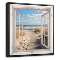 LEINWAND Bilder mit Rahmen - Fenster - Meer - Küste - Natur - Ausblick - Strand - Wattenmeer - 20x20 - Beige, Textil (20/20cm) - MuchoWow
