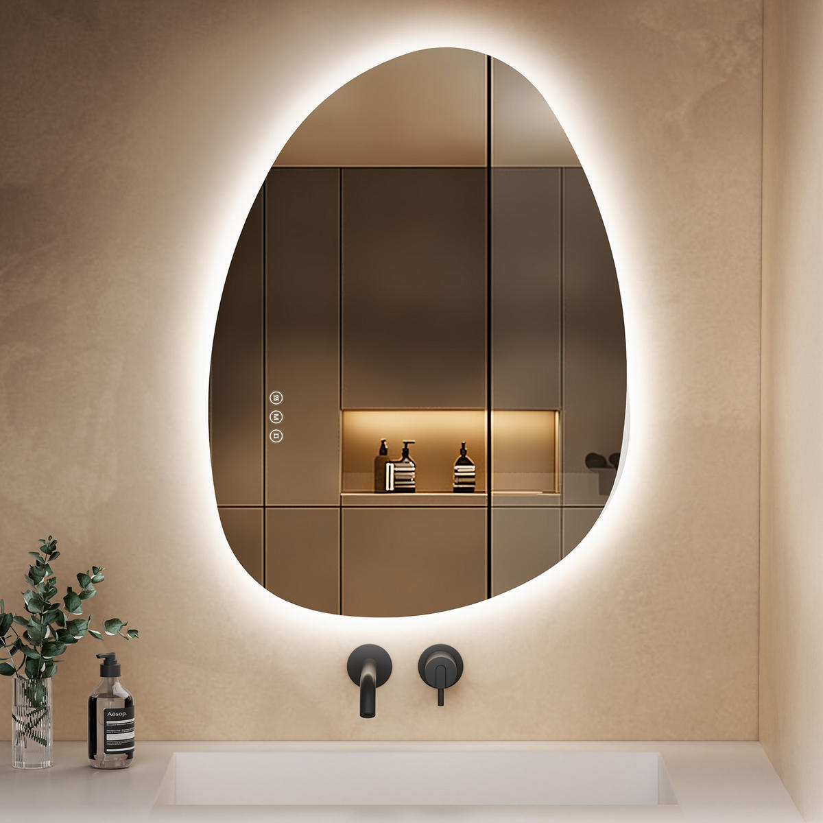 BADSPIEGEL MIT BELEUCHTUNG 75/55 cm asymmetrisch mit dimmbarer LED-Beleuchtung und Antibeschlag - Transparent, Glas (55/75/2.5cm) - S'AFIELINA