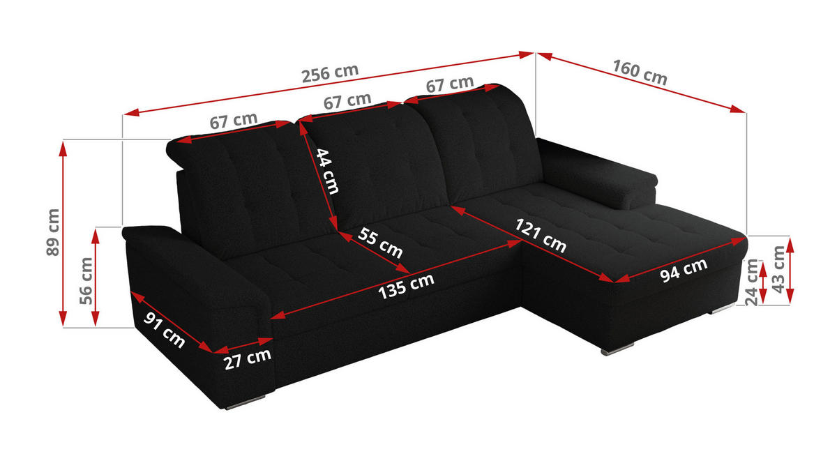 ECKSOFA MADRITO L - Schwarz Boucle - Links - Silberfarben/Schwarz, Textil/Metall (160/256cm)