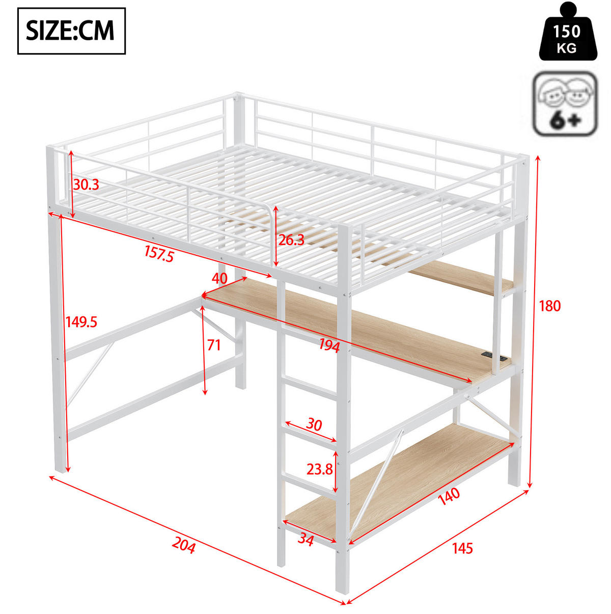 HOCHBETT 140/200 cm mit Schreibtisch, Regal, USB, Steckdose und LED-Beleuchtung aus Metall/MDF, Weiß - Weiß, Metall (140/200cm) - Redom