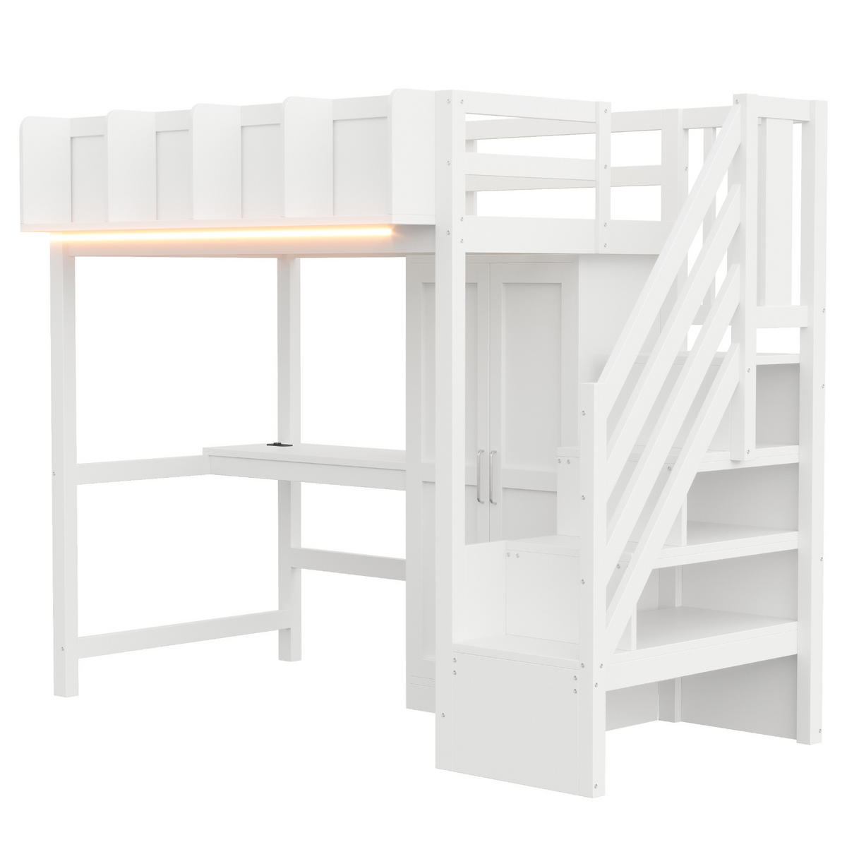 HOCHBETT 90x200cm Schreibtisch Schrank LED Weiß - Weiß, Holz (90/200cm) - FLIEKS