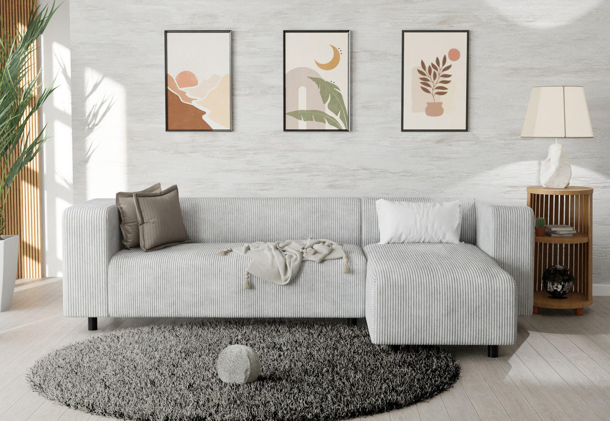 ECKSOFA Tove Hellgrau Cord - Ottomane rechts - Hellgrau/Schwarz, Holz/Kunststoff (240/142cm) - S-Style Möbel