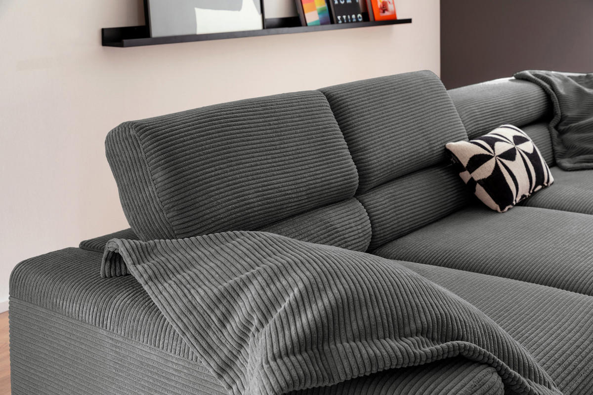 ECKSOFA MIT MOTORISCHEM SITZVORZUG DELIA Grau Cord - Schwarz/Grau, Textil/Metall (312/219cm) - KAWOLA