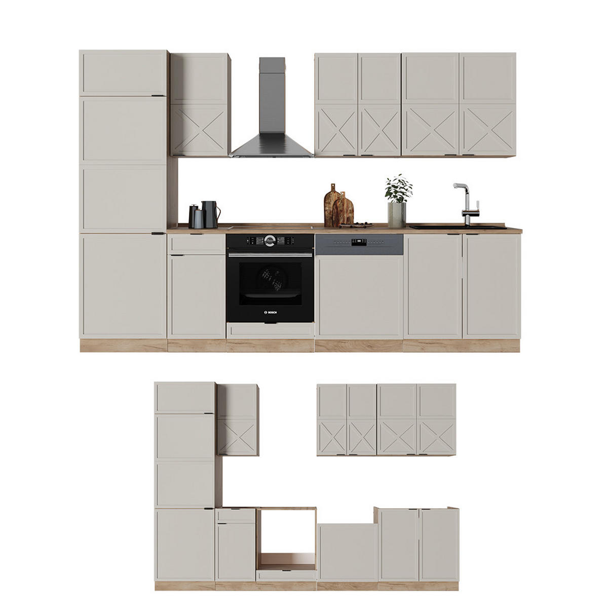 KÜCHENZEILE Fame-Line GrauBeige/Goldkraft Eiche 300 cm ohne AP - Honigeiche/Grau, Holzwerkstoff (300/81.6/46cm) - Vicco