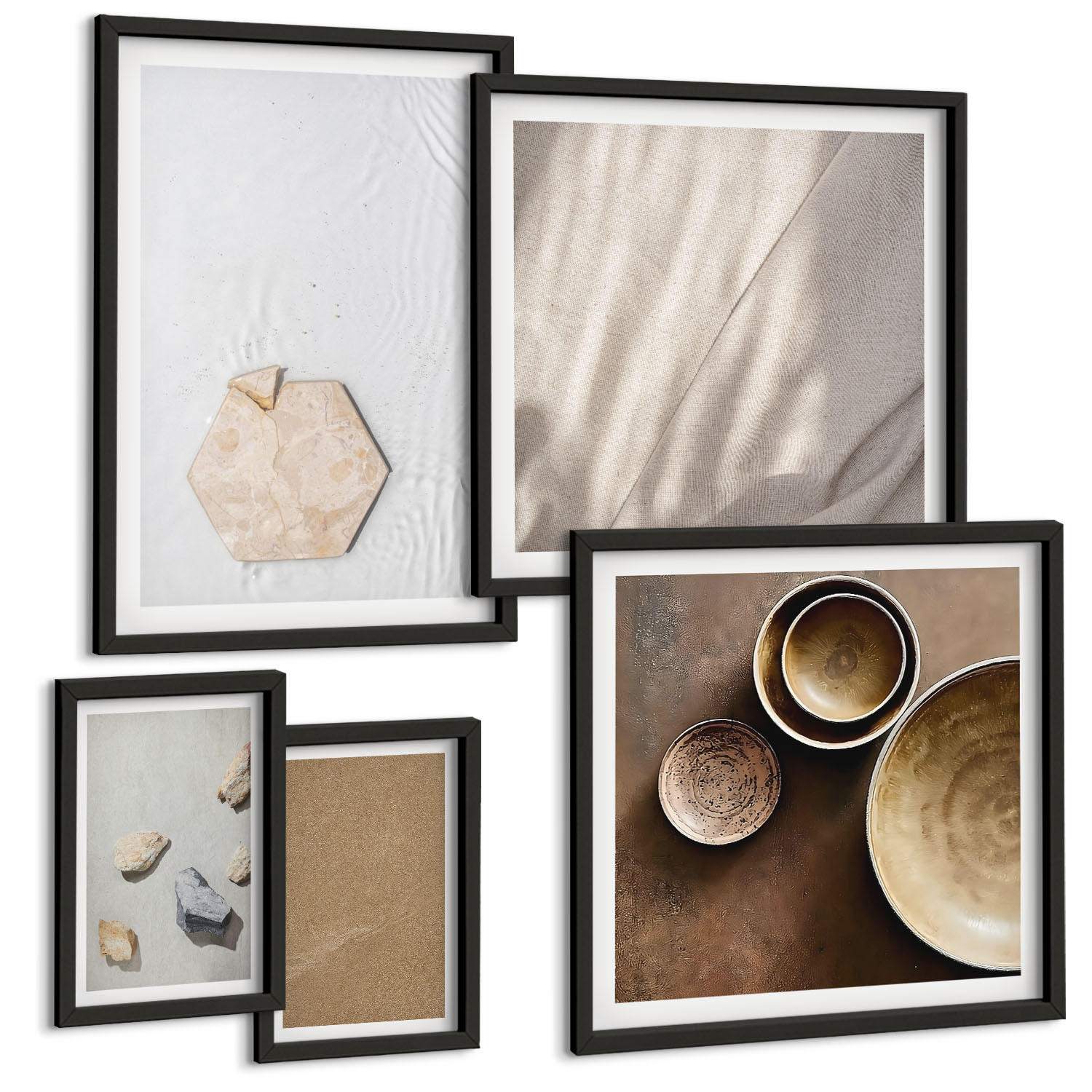 BILDER SET 5er Set - 50x50 cm & 20x30 cm & 40x60 cm Schwarzer Rahmen - Minimalistische warme Texturen - Schwarz, Kunststoff (40/60cm) - TULUP