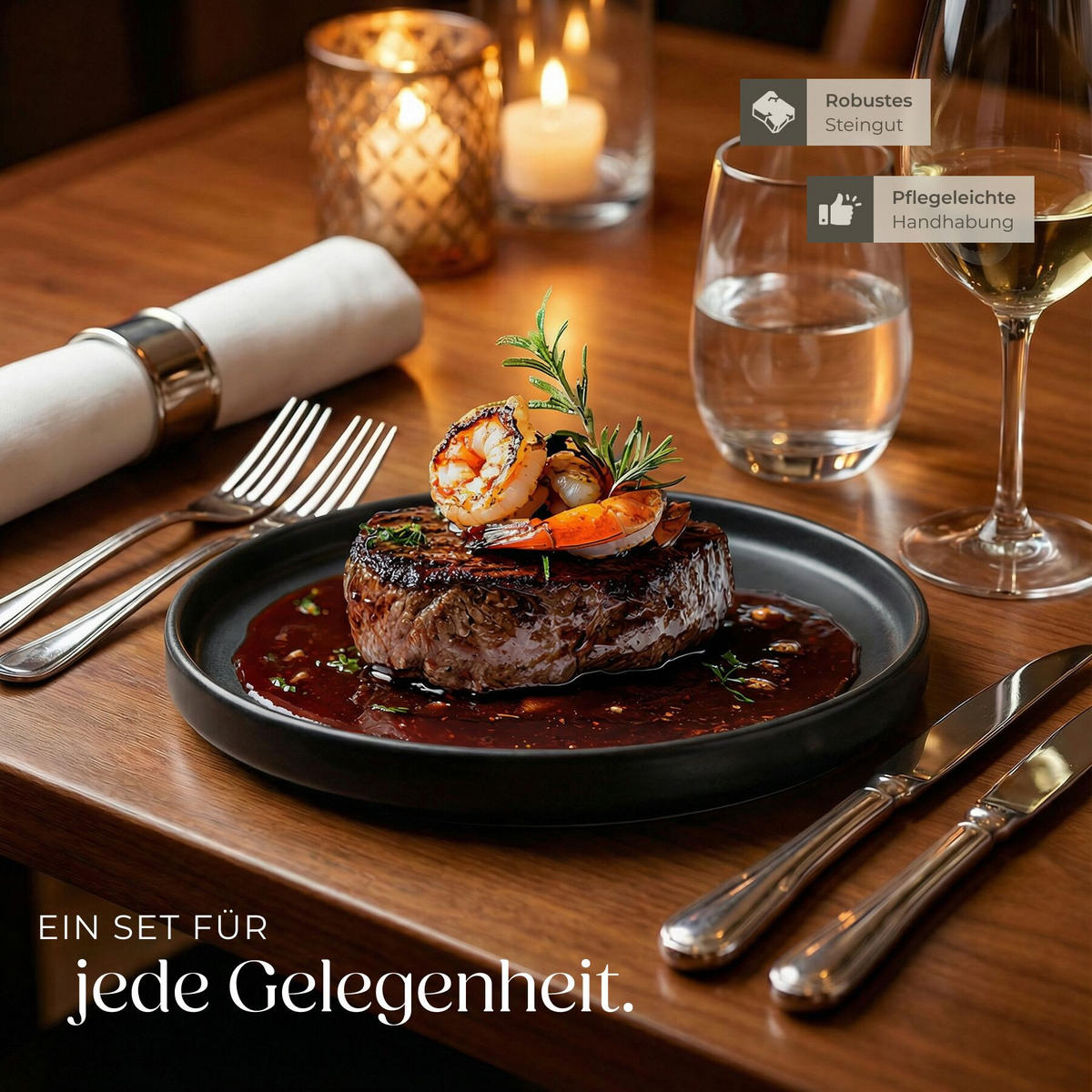 KOMBISERVICE Una, ineinander stapelbar, schwarz - Schwarz, Keramik (26/2.3/26cm) - tectake