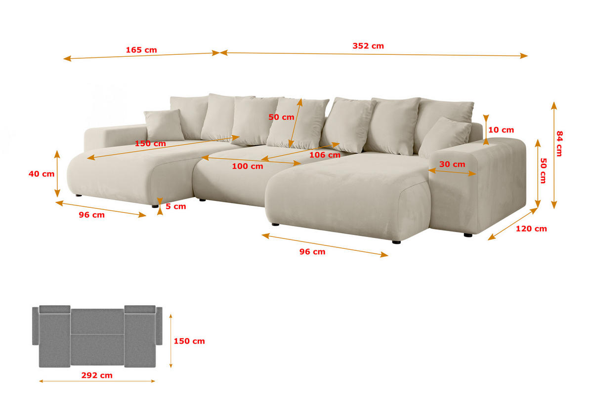 WOHNLANDSCHAFT mit Schlaffunktion und Bettkasten ESKAR-U -352x165x84cm Beige Velours - Beige/Schwarz, Holzwerkstoff/Kunststoff (352/84/165cm) - ALTDECOR