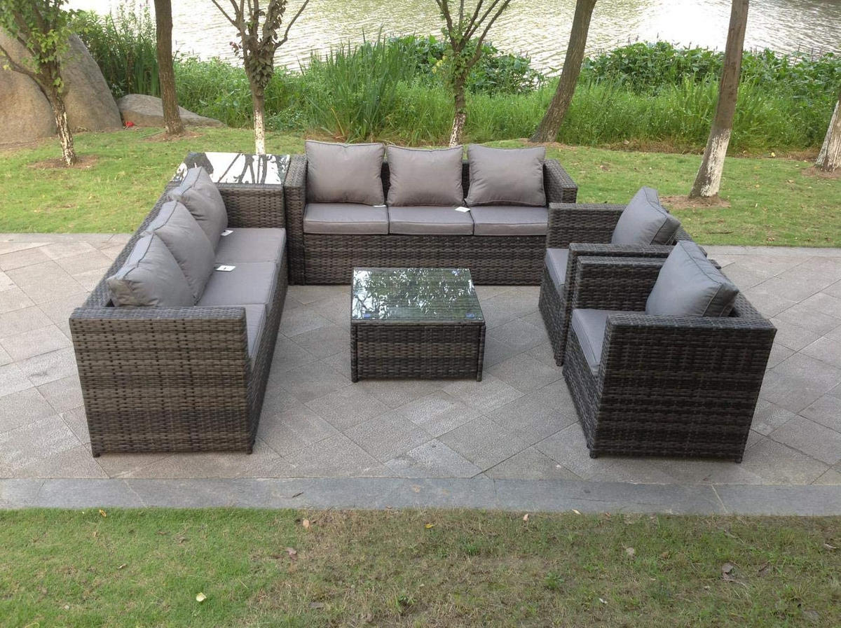 SITZGRUPPE Polyrattan 8-Sitzer - Dunkelgrau/Grau, Glas/Kunststoff - Fimous