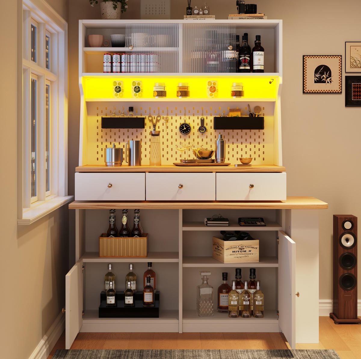 BUFFET 137/45/178 cm aus MDF mit ausziehbarer Tischplatte und LED-Beleuchtung Weiß - Weiß, Holzwerkstoff (137/178/45cm) - Modenvie