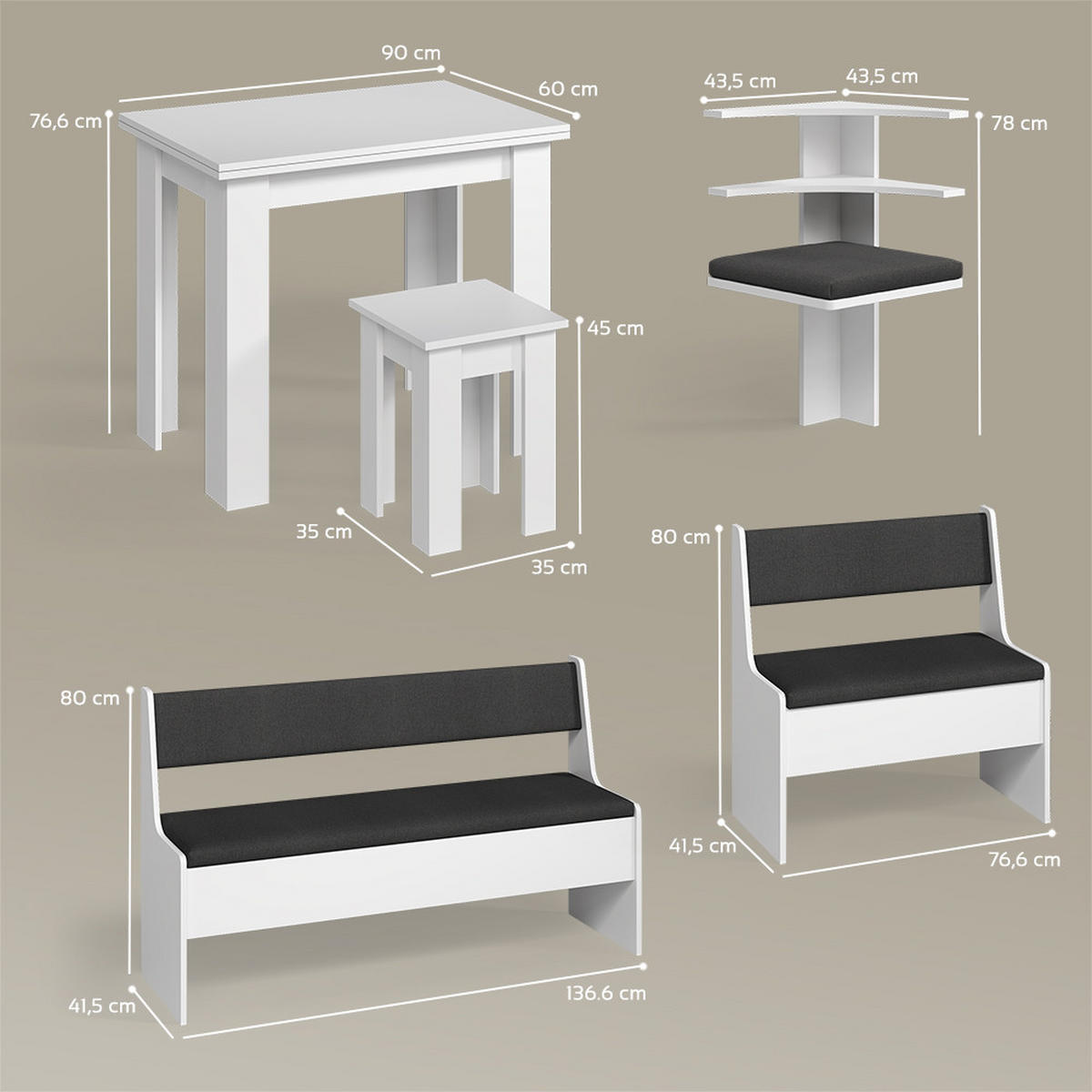 ECKBANKGRUPPE Tiberio Weiß 180 x 120 cm mit Tisch - Weiß, Holzwerkstoff (180/80/120cm) - Livinity®