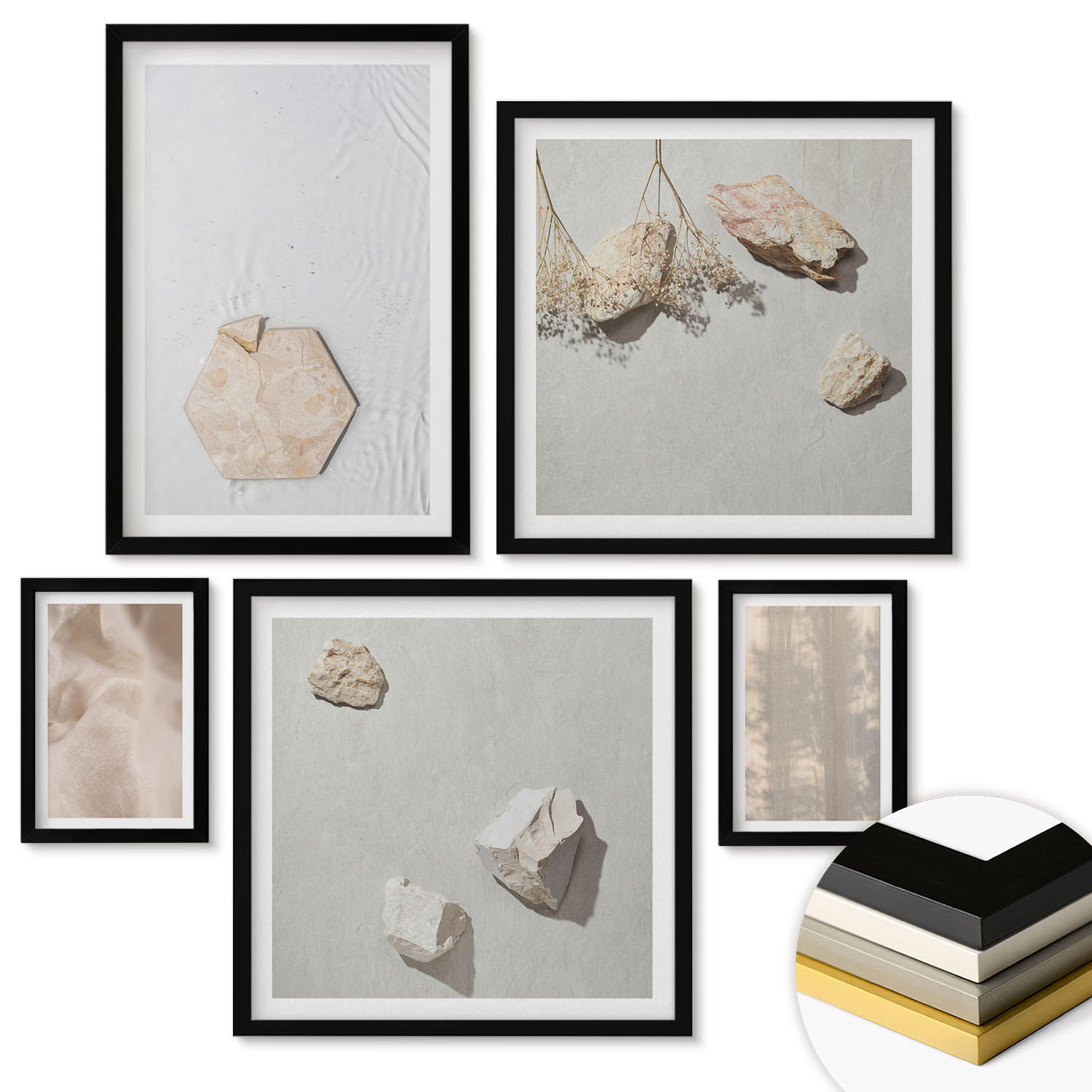 WANDBILDER 5er-Set - 50x50 cm & 20x30 cm & 40x60 cm Schwarzer Rahmen - Dezente Boho-Naturtexturen - Schwarz, Kunststoff (40/60cm) - ArtPrintCave
