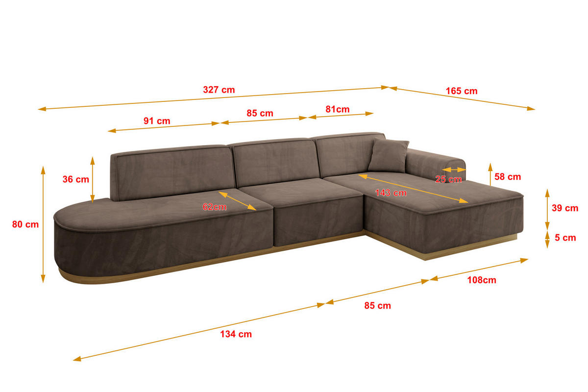 ECKSOFA Ottomane Rechts IREA-L2-v2 - 327x165x80 cm Braun - Braun, Holzwerkstoff/Textil (327/165cm) - ALTDECOR