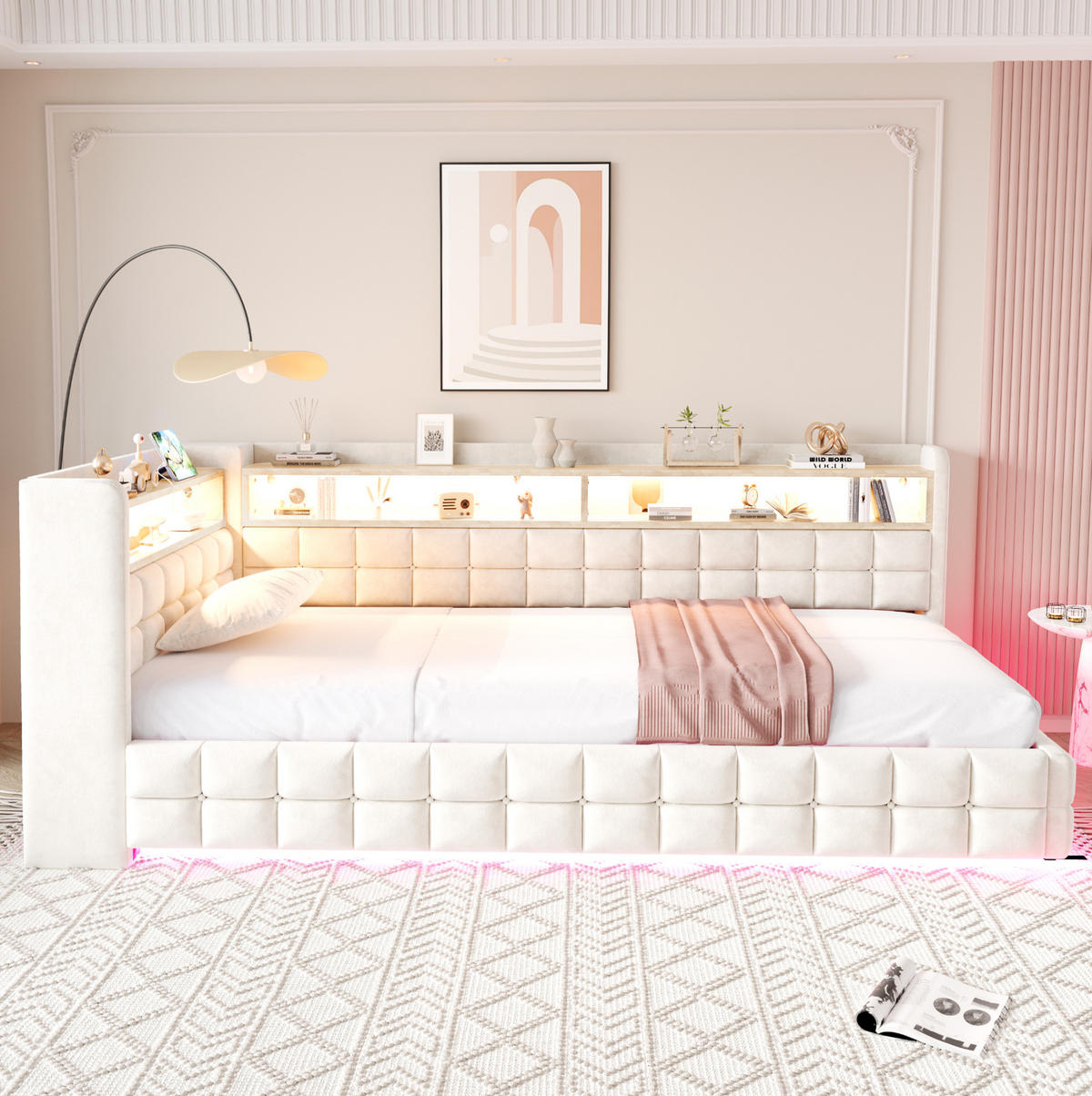 POLSTERBETT 90/200 cm in Beige mit Stauraum, LED-Beleuchtung und USB/Type-C - Beige, Textil (90/200cm) - Flora Grace