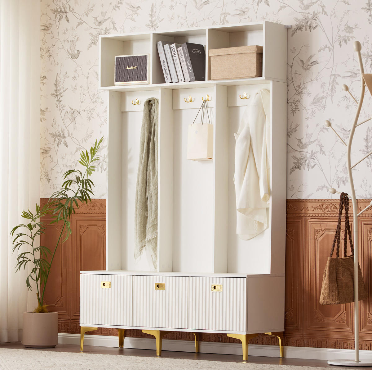 GARDEROBENSET 120/23,5/191,5 cm aus Spanplatte mit Sitzbank und 6 Haken Weiß - Weiß, Holzwerkstoff (40/191/120cm) - Modenvie