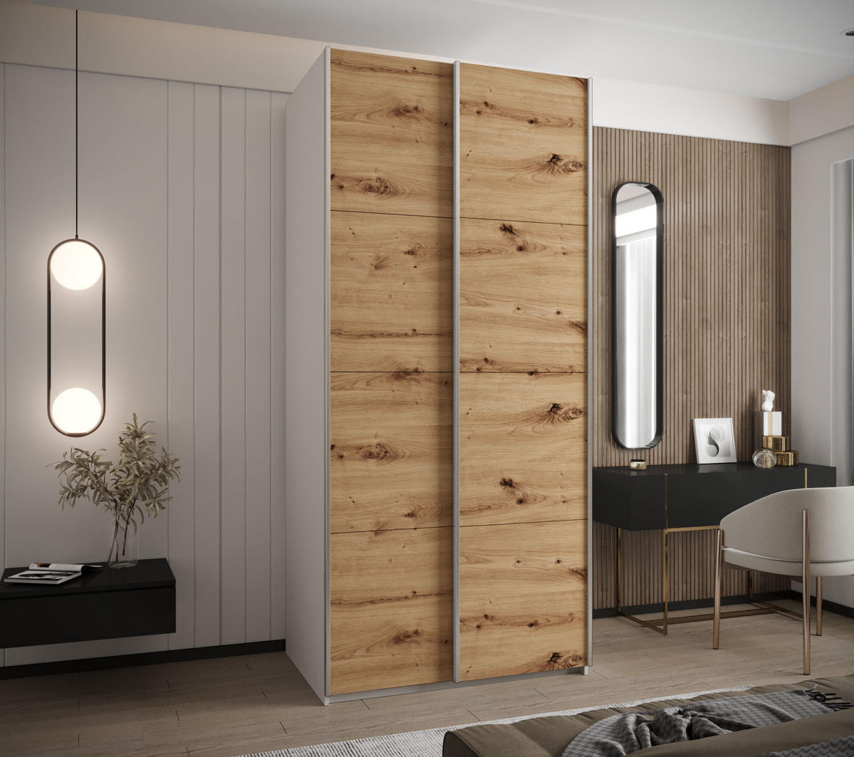 SCHWEBETÜRENSCHRANK 245,5/120/64 2-türig - Silberfarben/Eiche Artisan, Holz/Metall (120/245/64cm) - Abiks Möbel