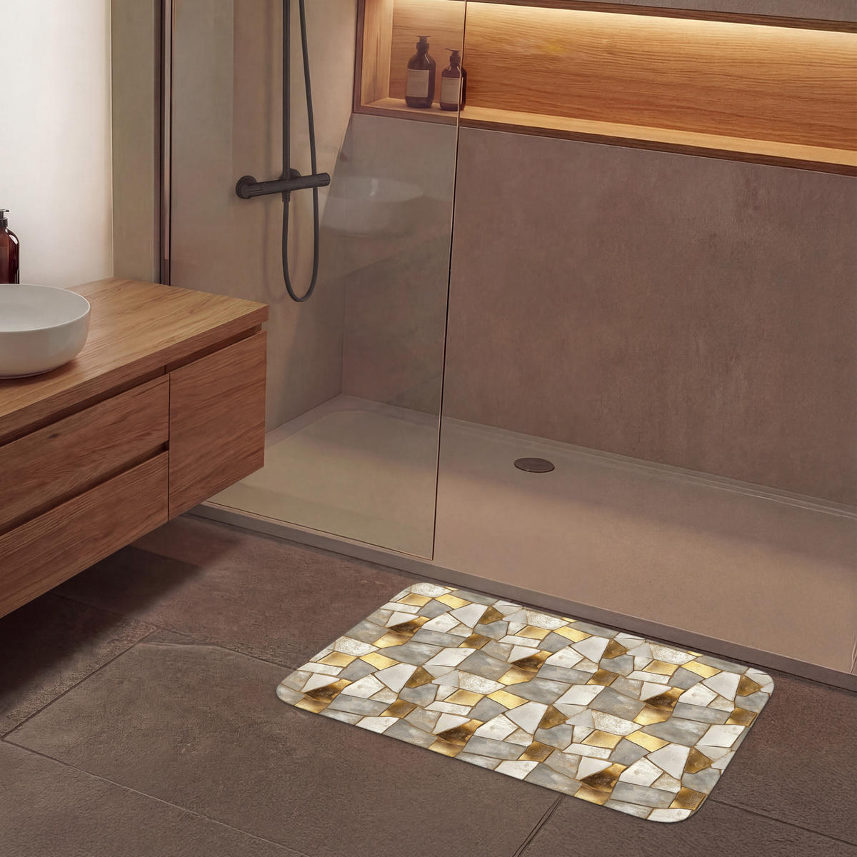 KOUPELNOVÁ PŘEDLOŽKA Mozaika - Mramor - Zlato 90x60 cm - šampaňská, textil/plast (90/60cm)