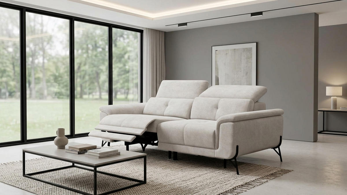SOFA RELAX AVENA 3-Sitzer, beiger Veloursstoff - Beige/Schwarz, Holz/Textil (204/80/108cm) - Wozimo