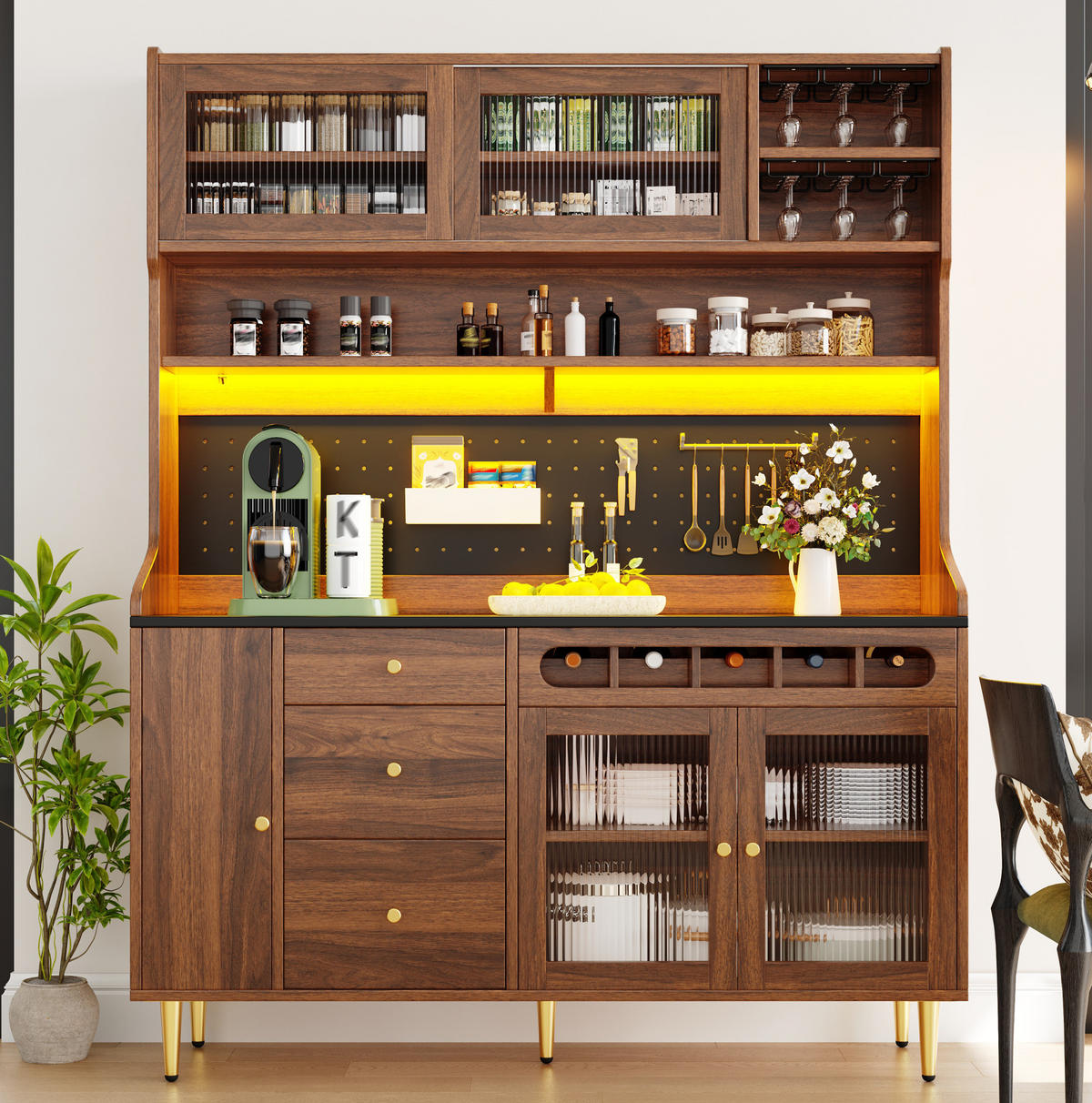 HOCHSCHRANK mit LED und Weinregal 145x39x171 cm Glas/MDF Walnuss - Braun, Glas (39/171/145cm) - Meubliv
