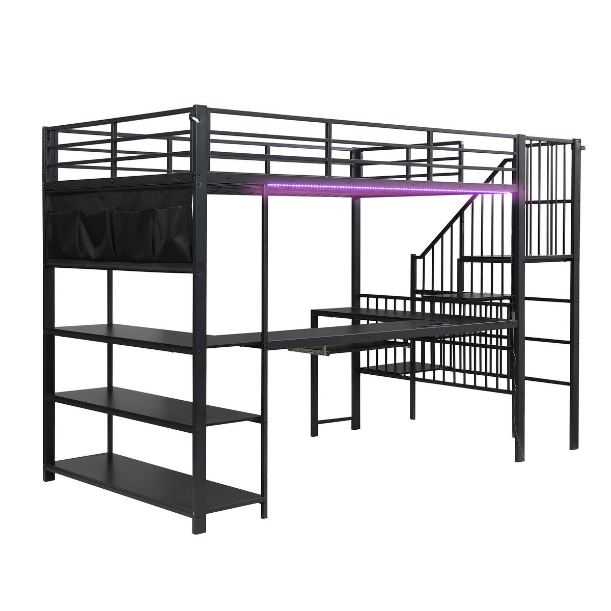 HOCHBETT 120/200 cm mit Schreibtisch und LED, DE-41757, in Schwarz - Schwarz, Metall (120/200cm) - ComfortXL