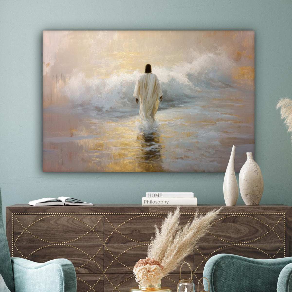 LEINWANDBILD Gemälde - Welle - Jesus - Abstrakt XXL 150x100 cm - Goldfarben, Textil (150/100cm) - MuchoWow