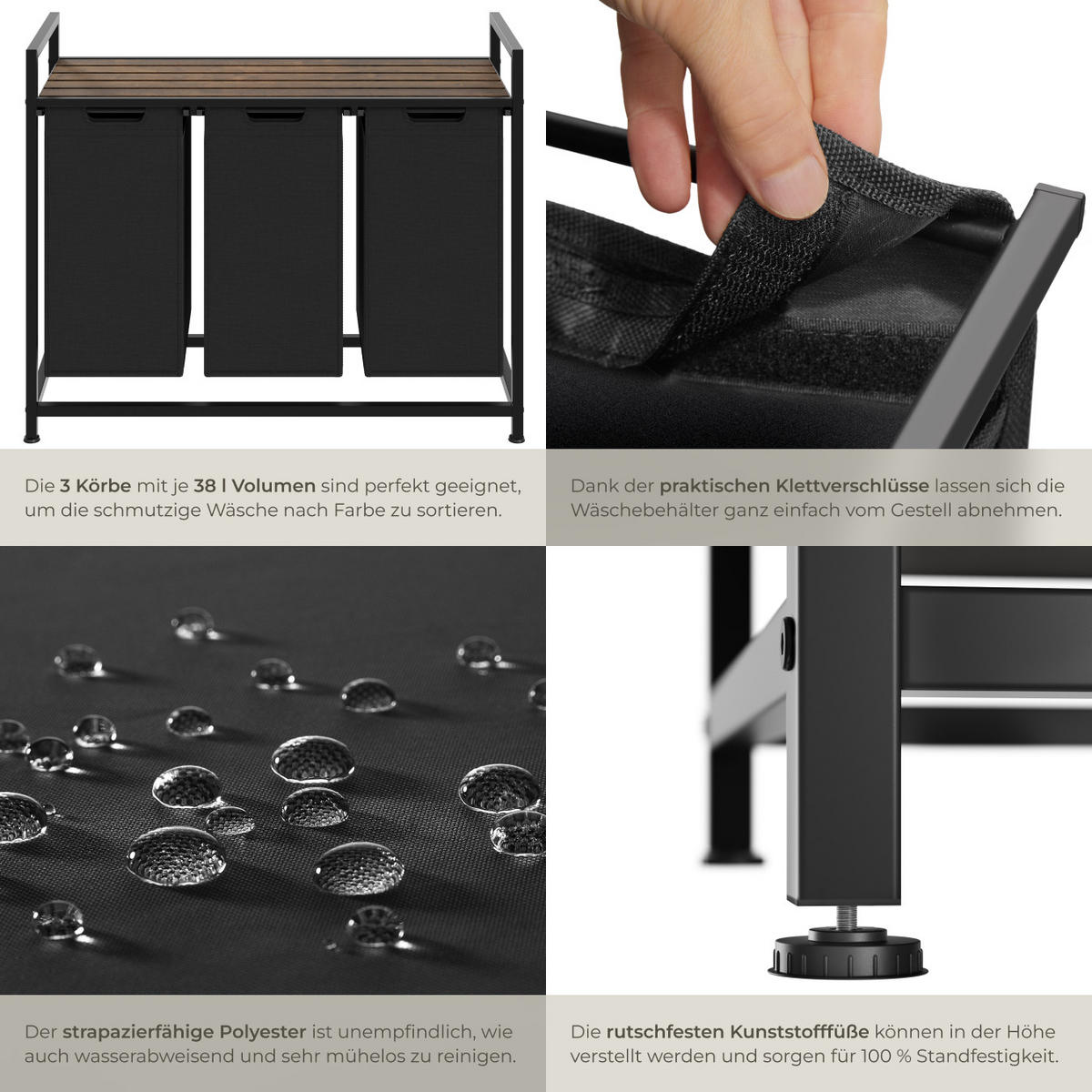WÄSCHESORTIERER, höhenverstellbare Kunststofffüße,schwarz/braun - Schwarz/Braun, Metall (93.5/72/34cm) - tectake