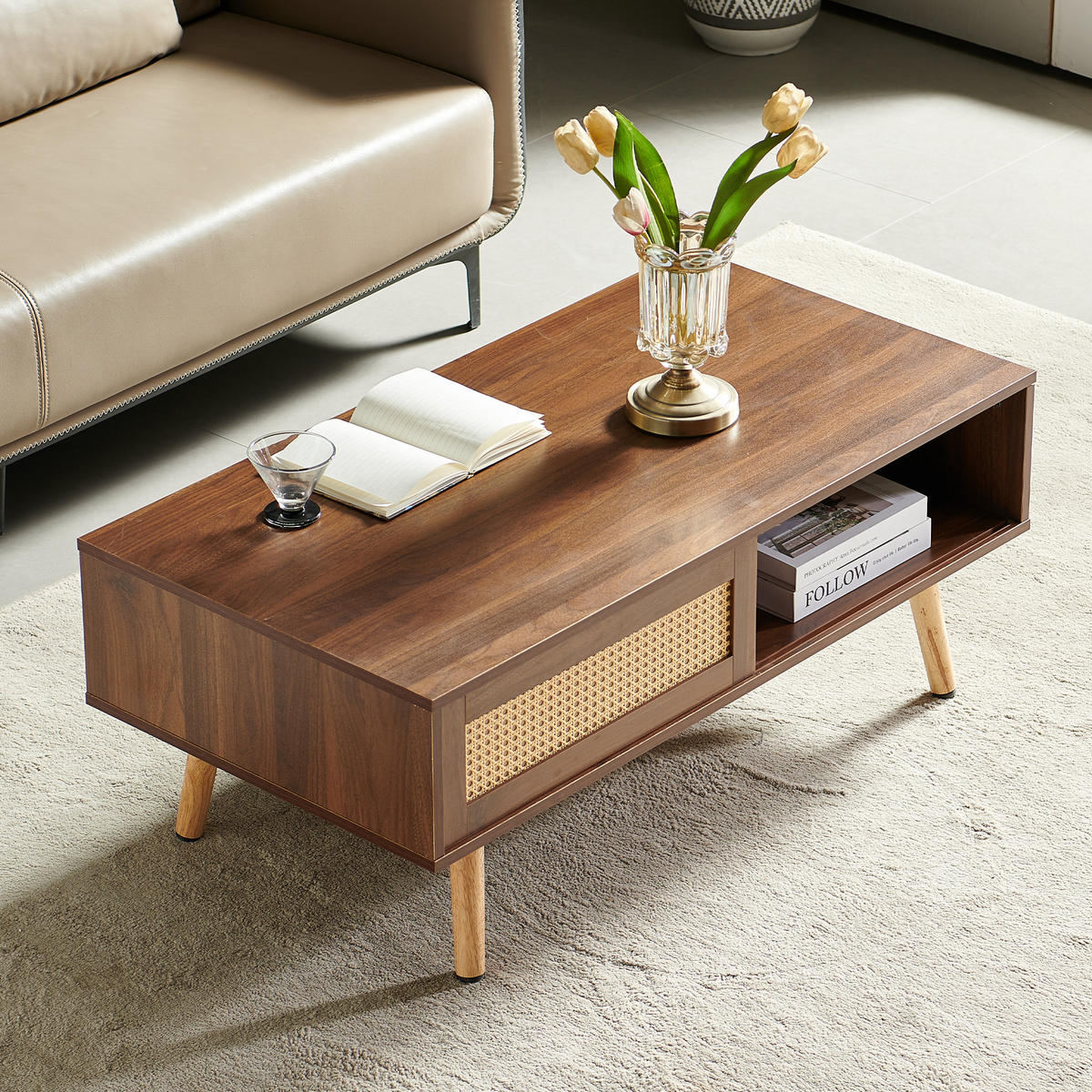 COUCHTISCH in Braun Korbgeflochtener Teetisch mit Schiebetüren für Wohnzimmer, B105/T55/H40cm - Naturfarben/Braun, Holzwerkstoff (55/105/40cm) - STILVORA