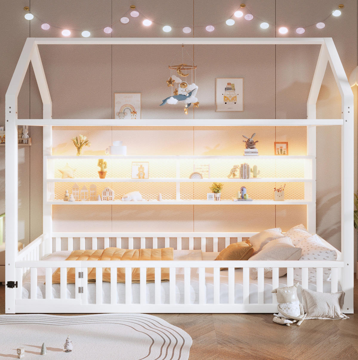 KINDERBETT Hausbett 90/200 cm aus Metall in Weiß mit Sicherheitszaun und LED - Weiß, Metall (90/200cm) - BEAOK