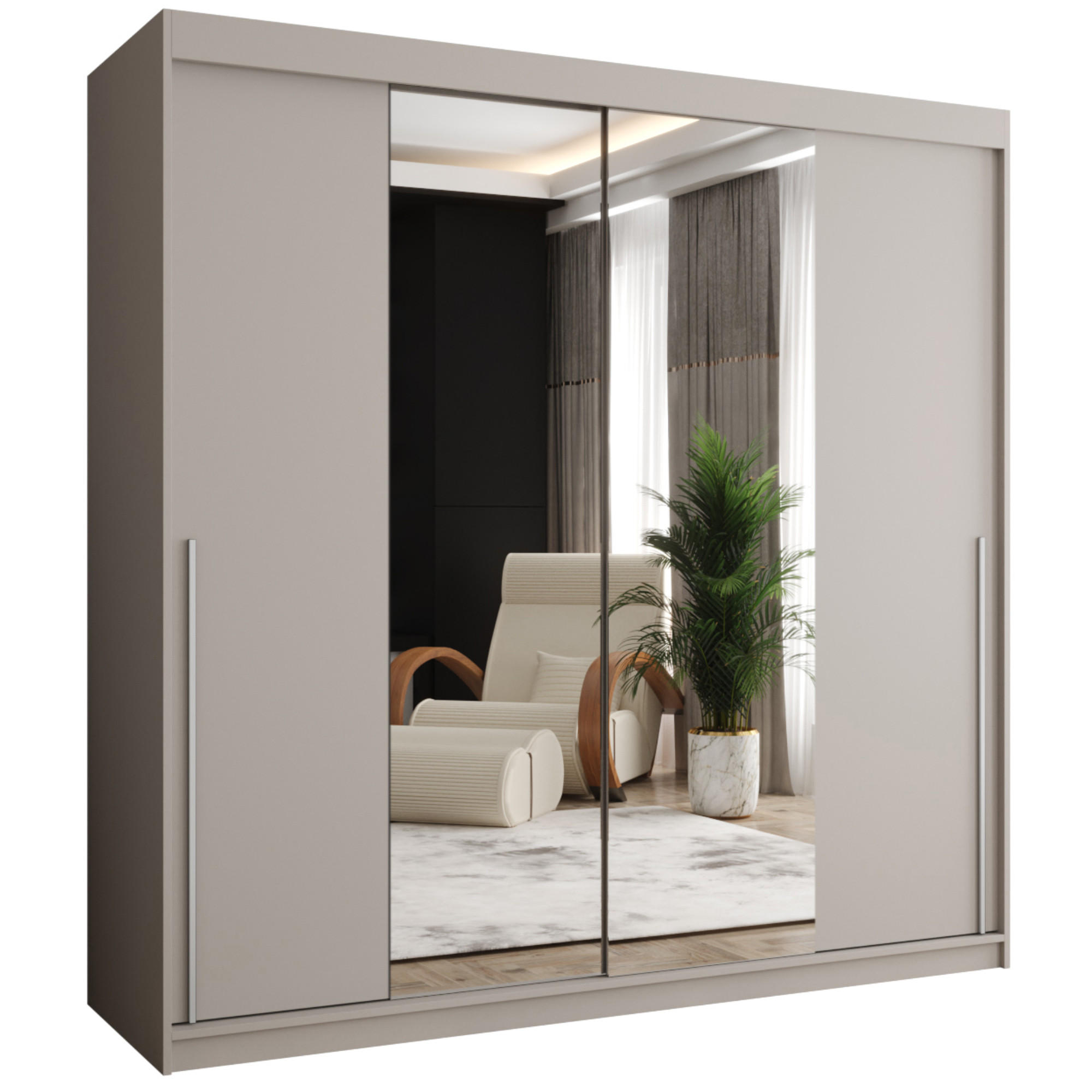 SCHIEBETÜRENSCHRANK mit Spiegel 200 cm Breite Kaschmir mit silbernem Griff - Kaschmir/Silberfarben, Holzwerkstoff (200/200/62cm) - Home Collective