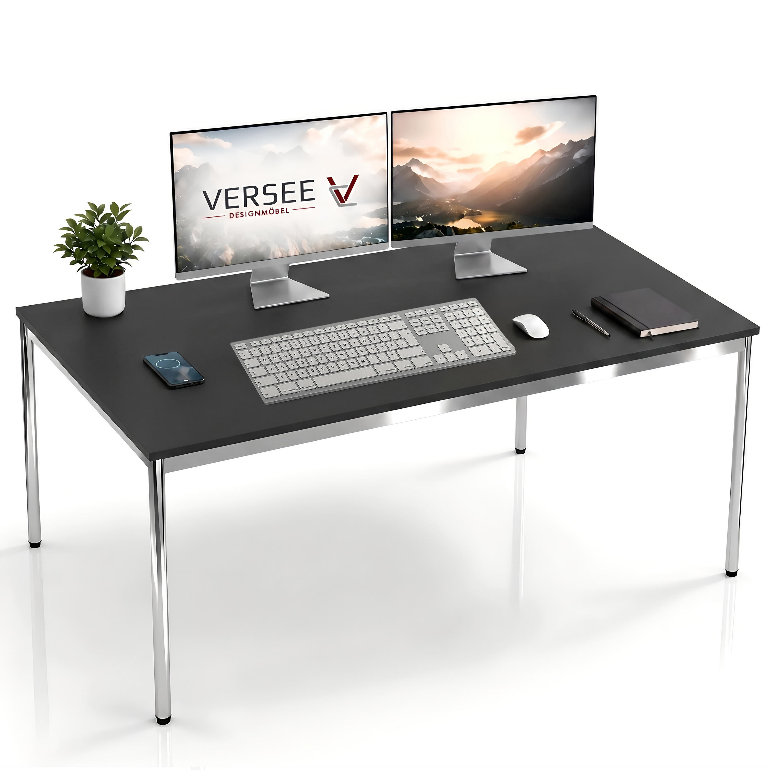 SCHREIBTISCH VST1 160 x 70 cm Schwarz – höhenverstellbar - Chromfarben/Schwarz, Holzwerkstoff (160/70/75.5cm) - Versee