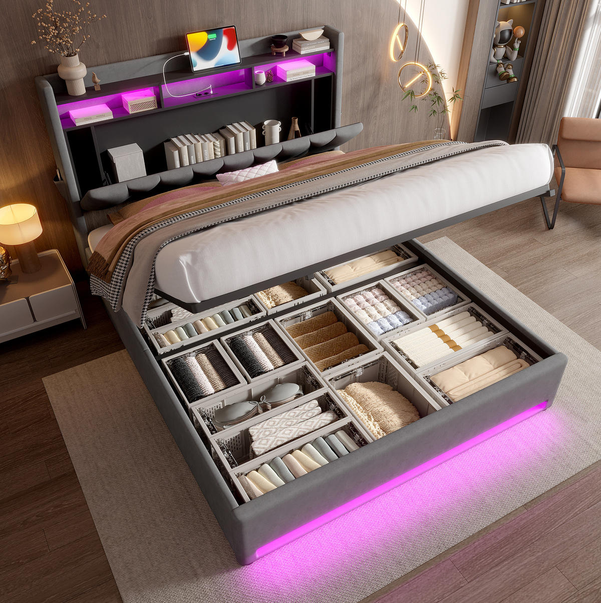 POLSTERBETT 160/200 cm mit LED-Beleuchtung, USB- und Type-C-Anschluss, Stauraum-Kopfteil und Bettkasten, Dunkelgrau - Dunkelgrau, Textil (160/200cm) - Redom