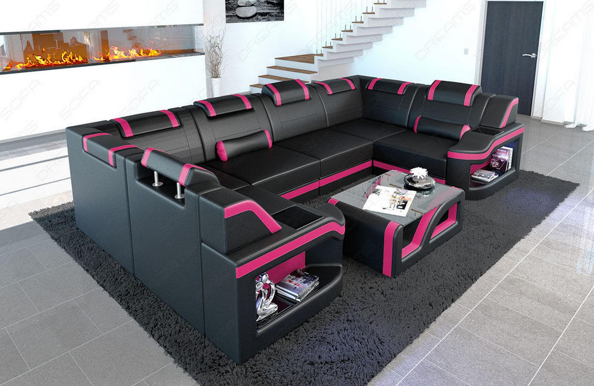 WOHNLANDSCHAFT Sofa Padua U Schwarz Pink Kunstleder - Schwarz, Textil (308/80/185cm)