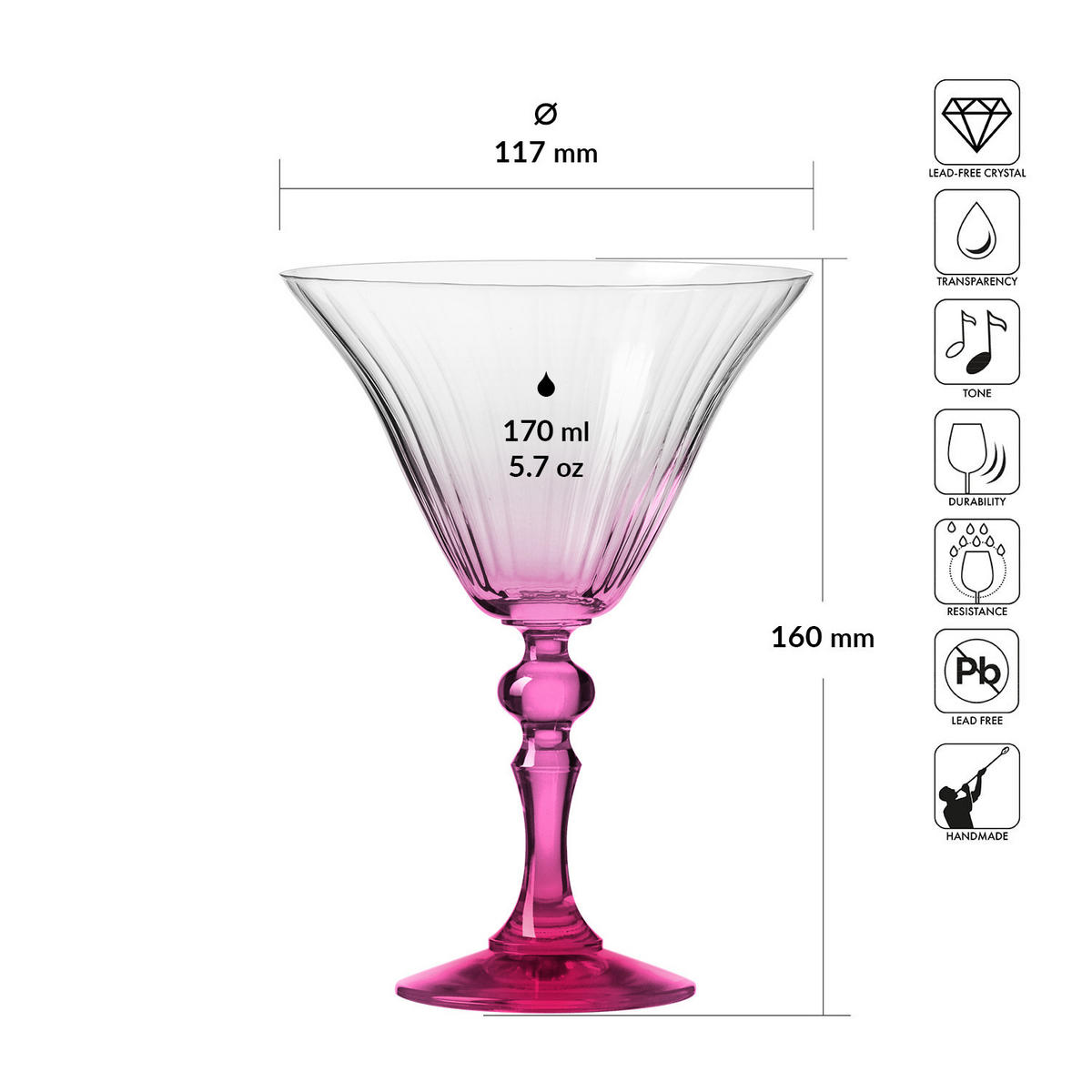 COCKTAILGLÄSER BUBBLE CELEBRATION MOMENTS MIT ROSA STIEL, 2ER-SET, 170 ML - Transparent/Rosa, Glas (0.17L) - Krosno Glass