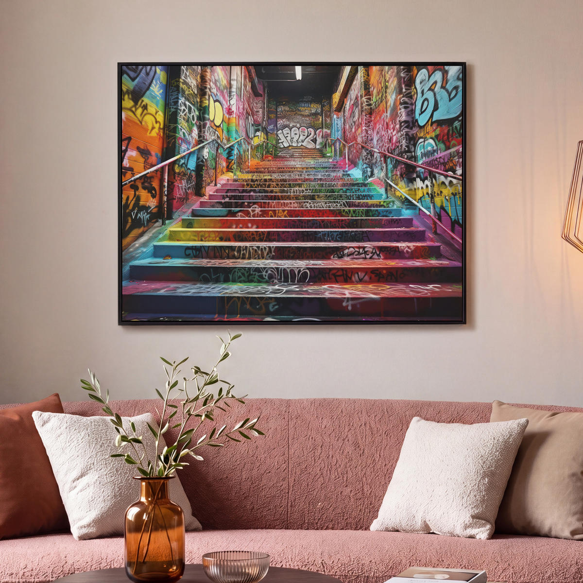 LEINWAND Bilder mit Rahmen - Treppe - Graffiti - Farben - Kunst - 100x70 - Multicolor, Textil (100/70cm) - MuchoWow
