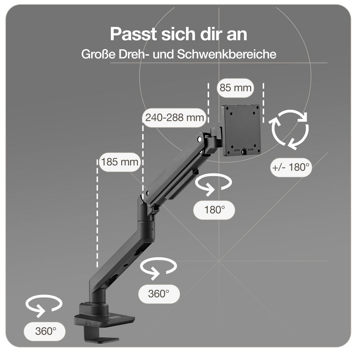 MONITORARM in schwarz mit Gasfeder für 17–49 Zoll Monitore bis 20kg / Schwarz - Schwarz, Metall (22/43/13cm) - ASSMANN