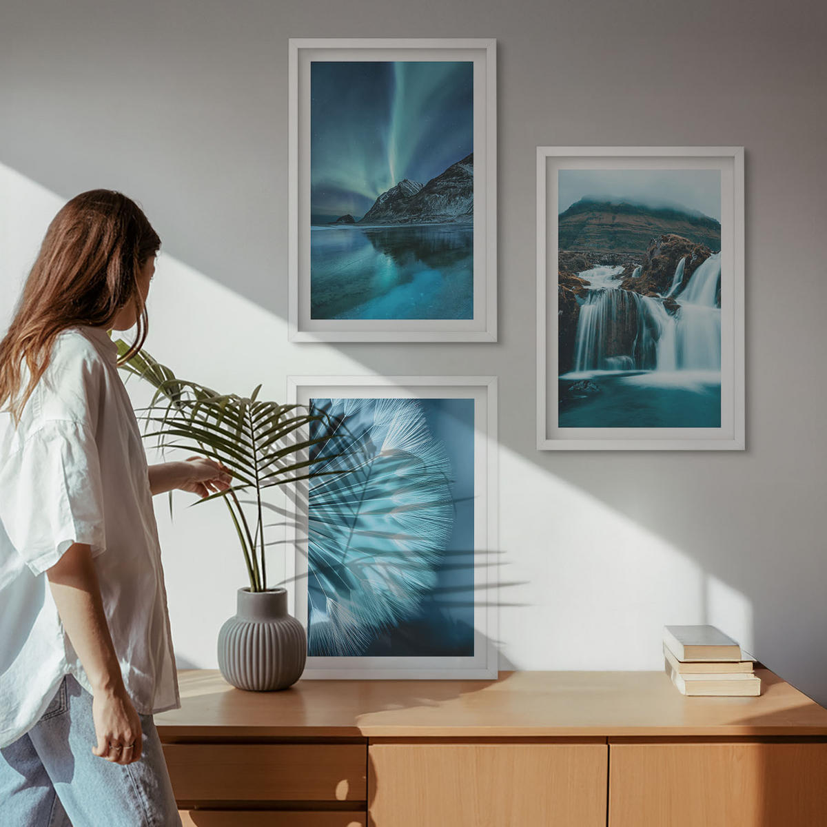 WANDBILDER 3er-Set - 40x60 cm Weißer Rahmen - Winterlandschaften mit Wasserfällen - Weiß, Kunststoff (40/60cm) - ArtPrintCave