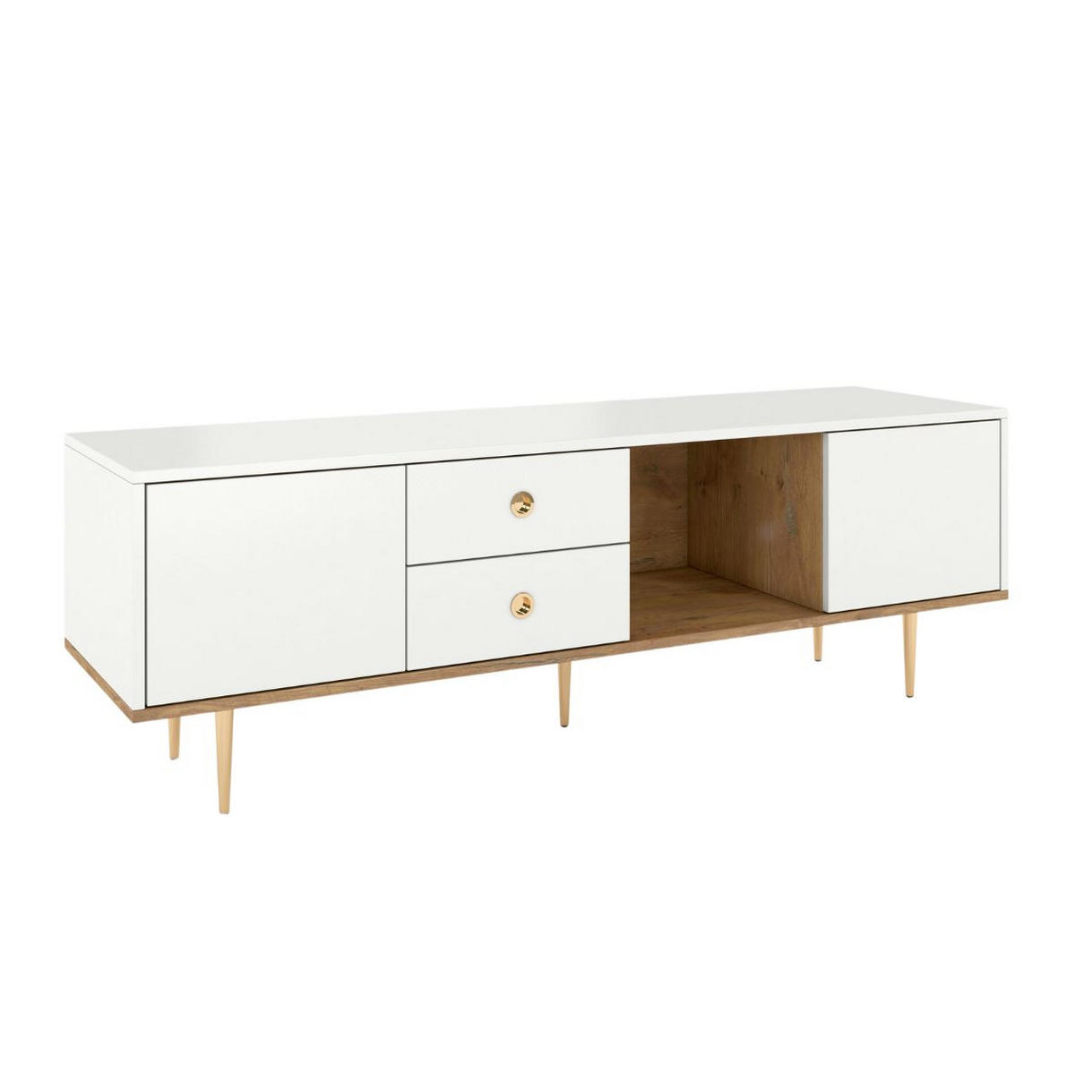 LOWBOARD Harmoni, Weiß, Eiche, Goldene Details - Goldfarben/Weiß, Holzwerkstoff/Metall (160/83/45cm) - Skandica