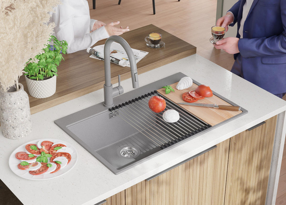 GRANITSPÜLE Oslo Duo, 2-er set Grau 78/50 cm 2 Becken + Küchenarmatur 40/20 cm + Ablauf-Set + Schneidebrett ab 80er Unterschrank - Chromfarben/Beige, Kunststoff (78/20/50cm) - Primagran