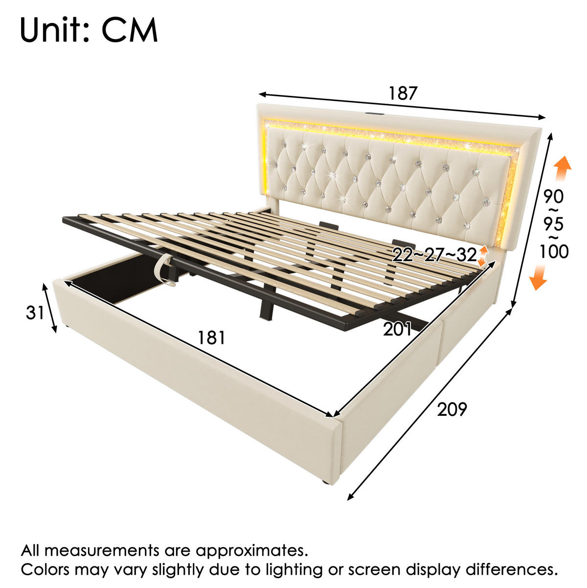 POLSTERBETT mit Stauraum 180x200 cm Samt Beige mit LED - Beige, Metall (180/200cm) - Meubliv