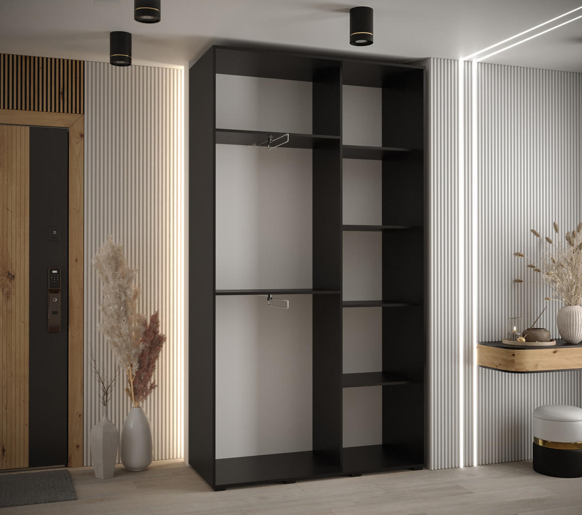 SCHWEBETÜRENSCHRANK 235,2/140/45 2-türig - Silberfarben/Schwarz, Holz/Metall (140/235/45cm) - Abiks Möbel
