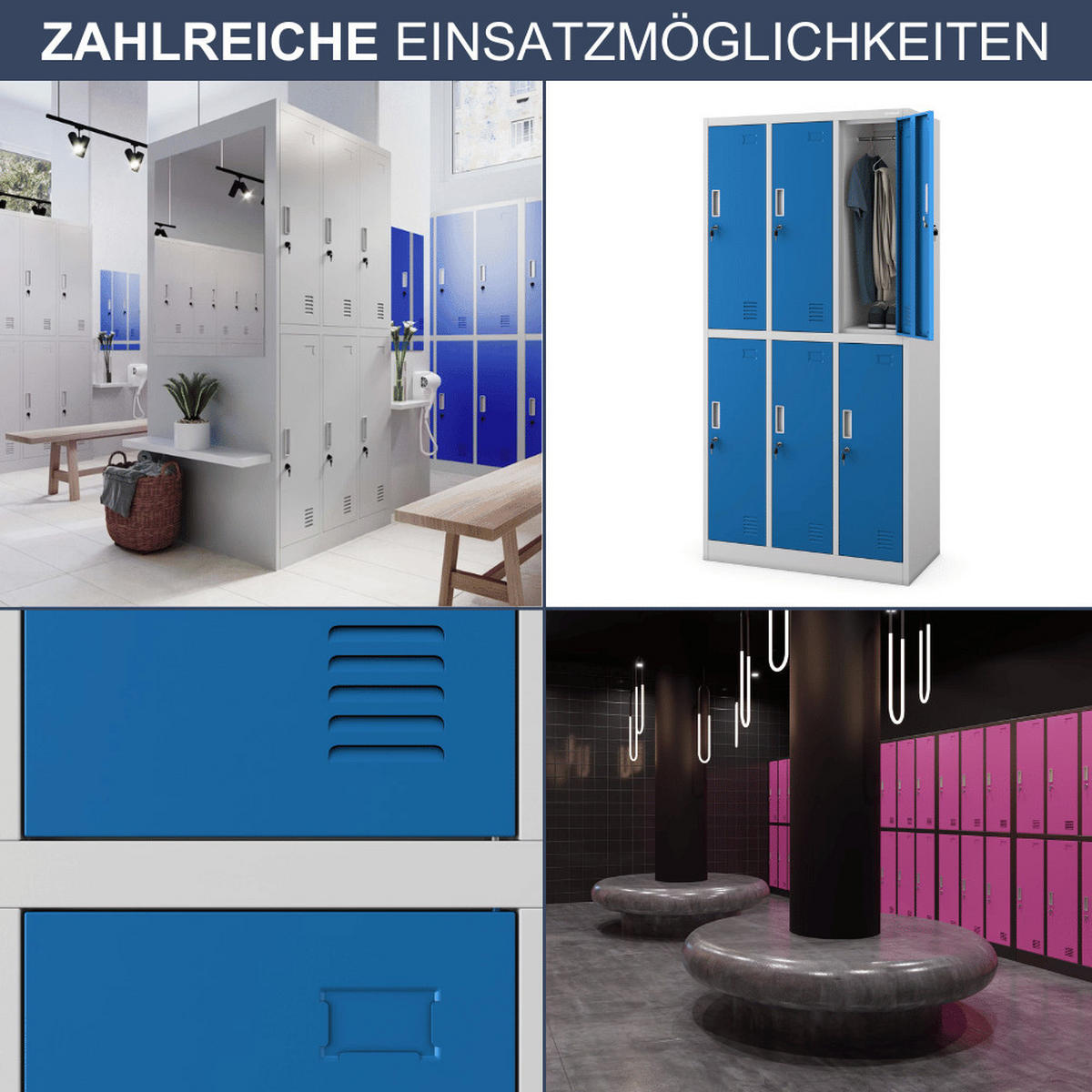 UMKLEIDESCHRANK Spind TOKIO 6 Abteile 185x90x45cm Grau-Blau - Grau, Metall (90/185/45cm) - DELUKE