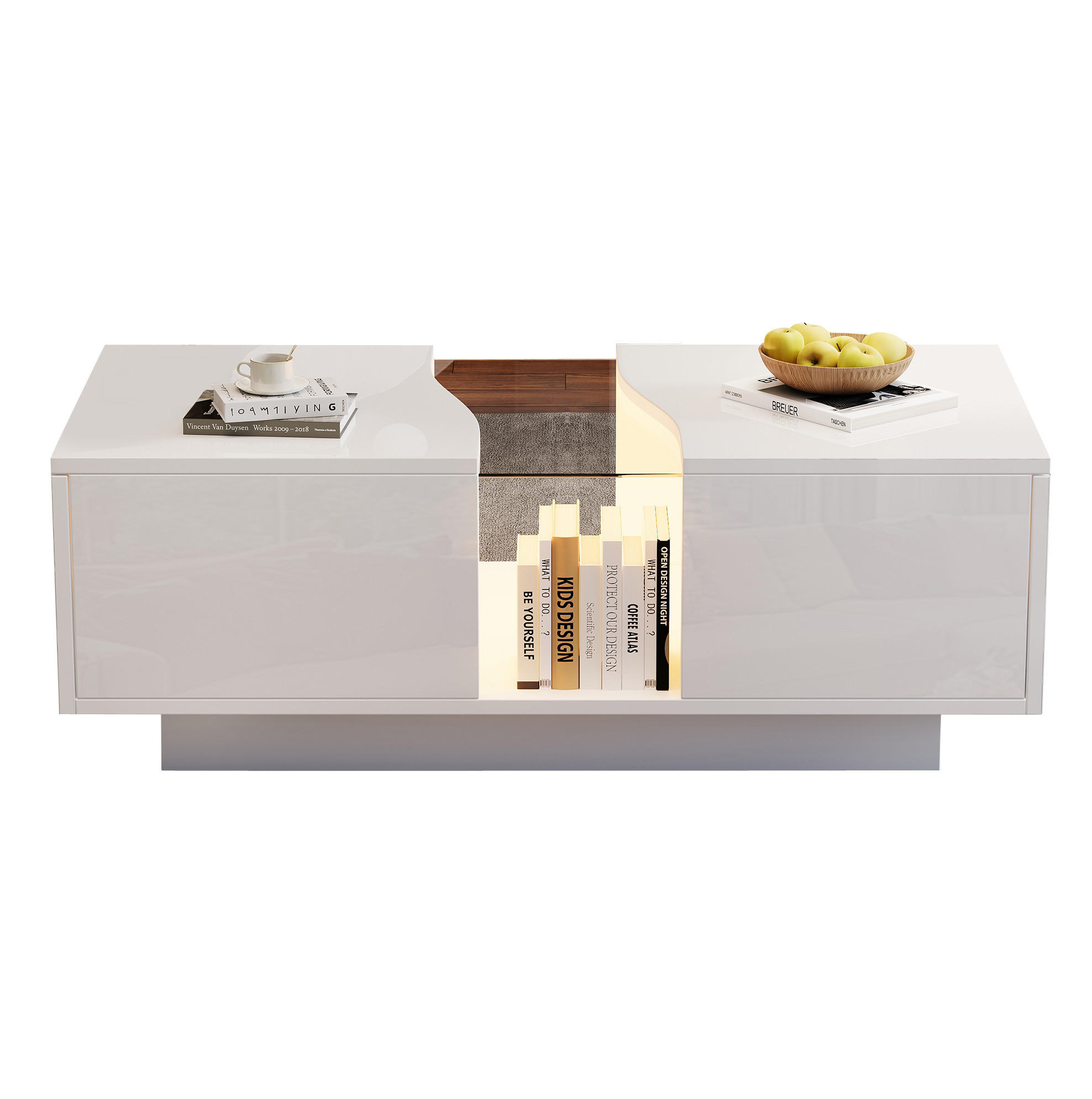 Modfu KONFERENČNÍ stolek z MDF 100x50x35 cm bílý vysoký lesk s LED osvětlením, akrylovou deskou a 2 zásuvkami