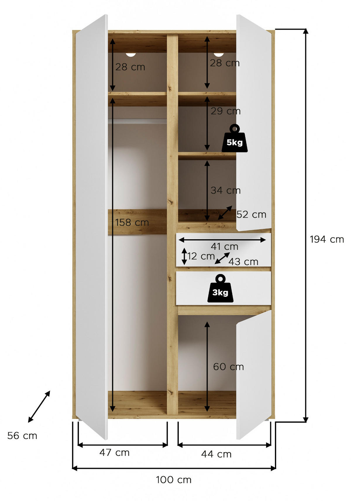 KLEIDERSCHRANK weiß, Eiche Artisan 100 x 194 cm, Drehtürenschrank 3-türig - Silberfarben/Weiß, Holzwerkstoff/Kunststoff (100/194/56cm) - Inn.Furn